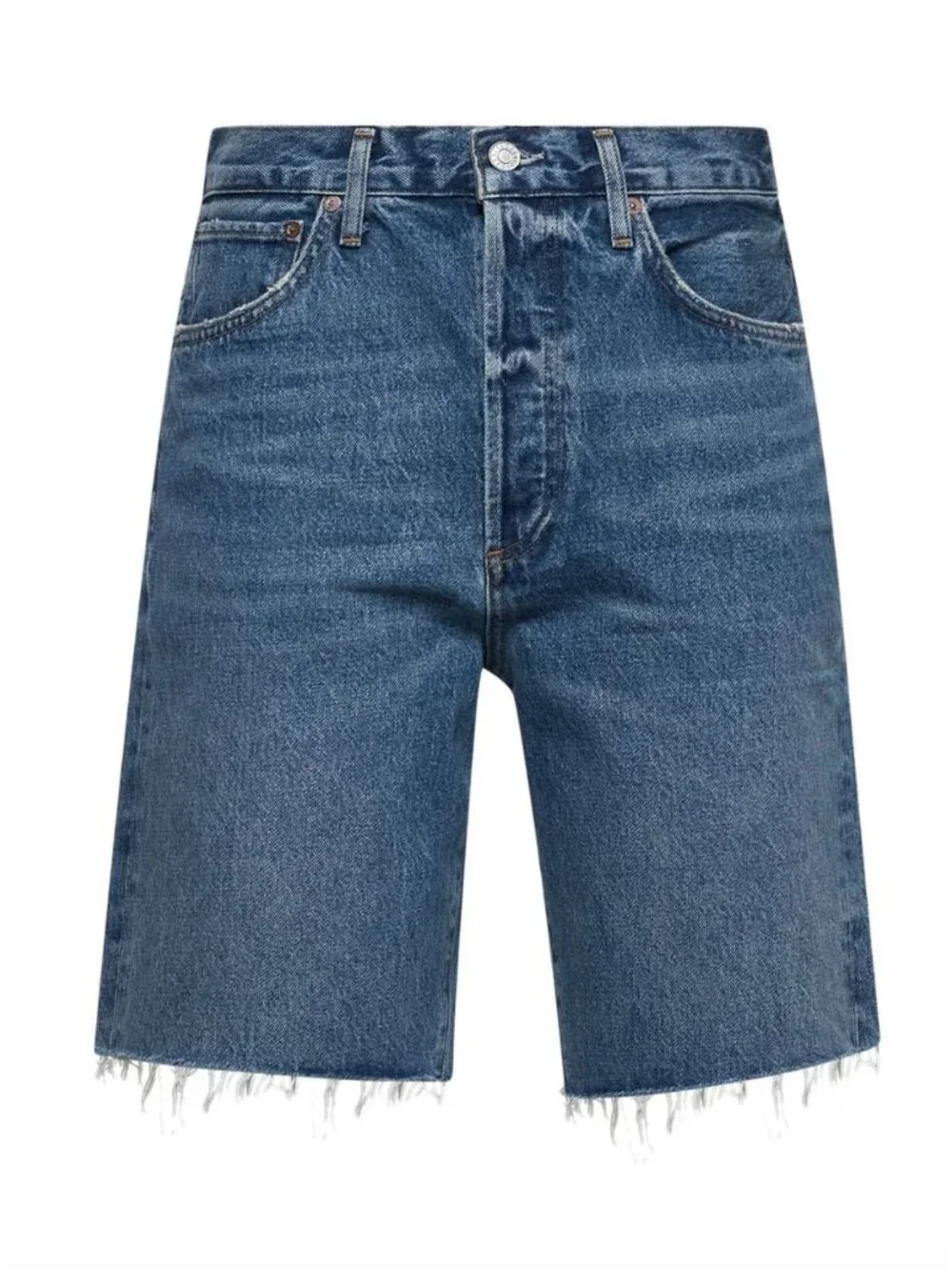 AGOLDE 90's Raw-Cut Edge Long Denim Shorts Size 25 Ruin Blue Bermuda